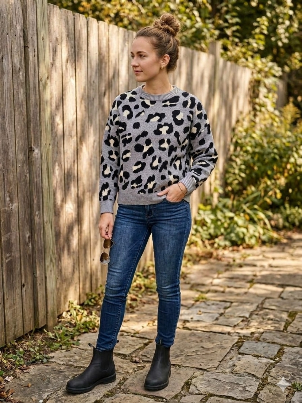 ADORA Gray Leopard Print Crewneck Sweater with Black & Cream Spots